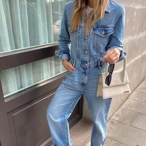 Zara full length denim jumpsuit light indigo blue